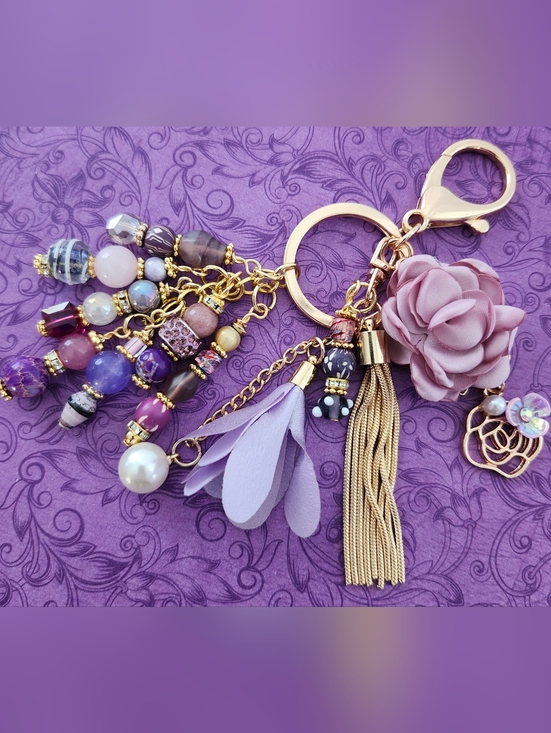 Handmade Accessories - Floral Purse Charm or Keychain Quartz Stone Glass Paper Handcrafted